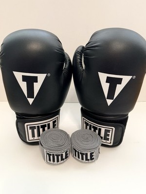 TITLE Boxing Gloves 10 oz Black Training Sparring Gloves w/ Hand Wraps
