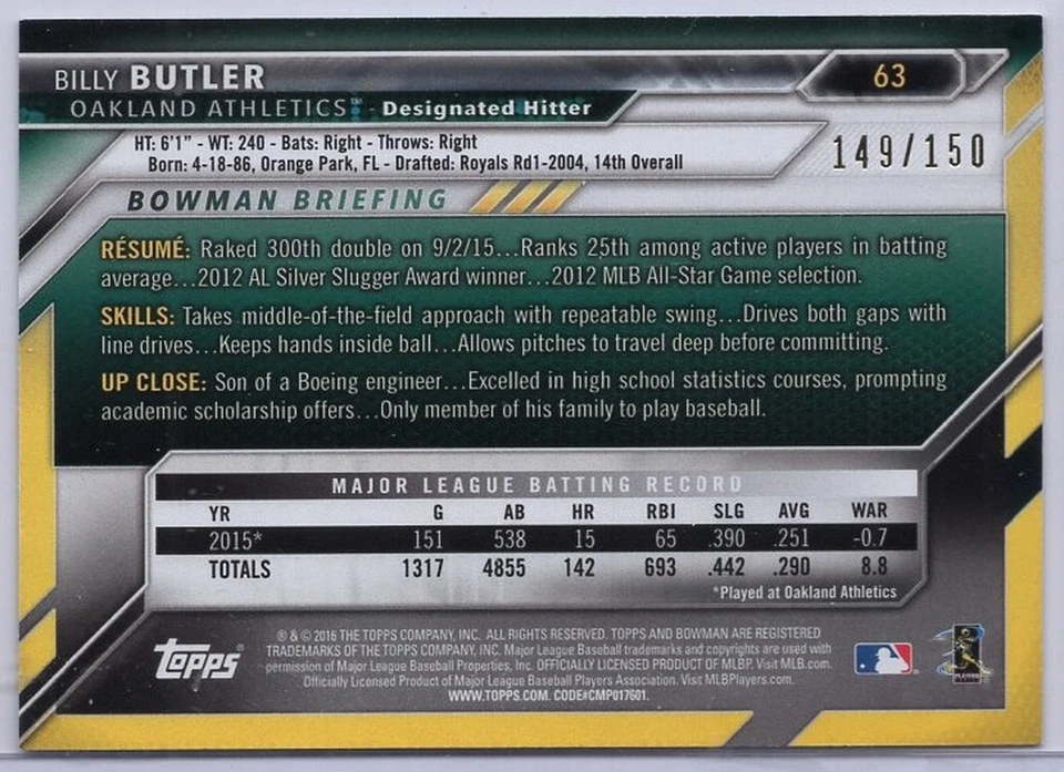 2016 Bowman Blue #63 Billy Butler #'d 149/150 - Image 2 of 2