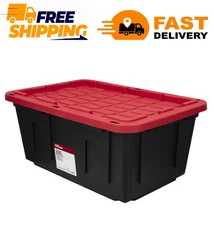 Hyper Tough 27 Gallon Snap Lid Plastic Storage Bin Container, Black with Red Lid