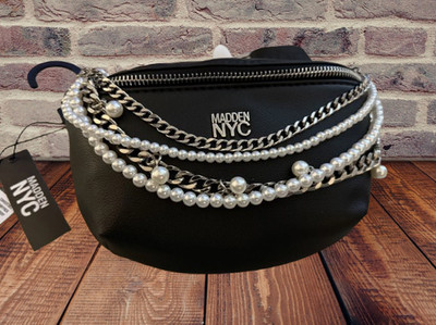 Steve Madden NYC Fanny Pack black with pearls and decorative chains NWT