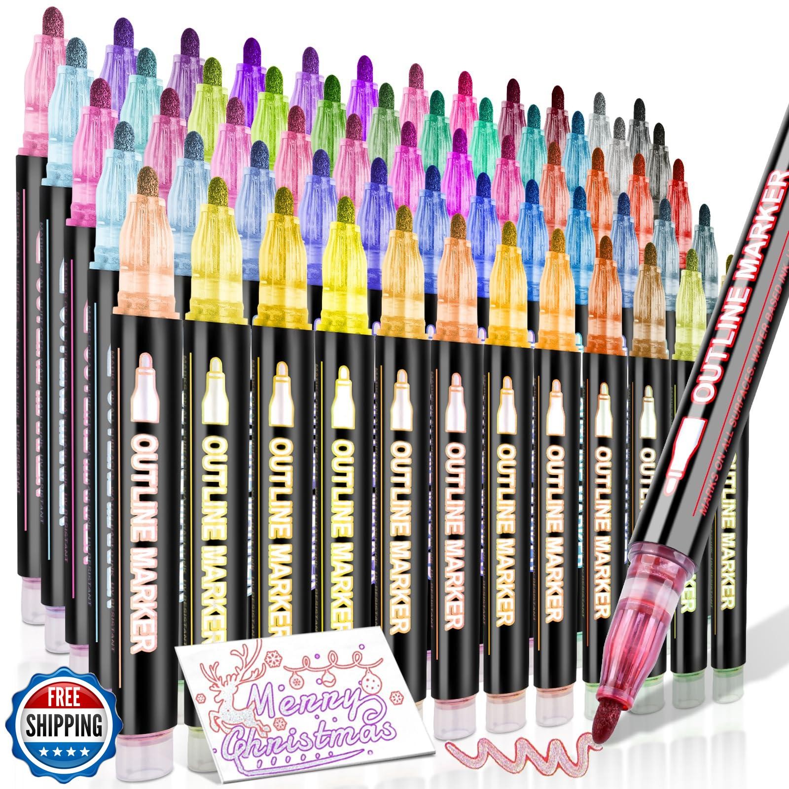 60 Colors Outline Markers, Stocking Stuffers Double Line Glitter 