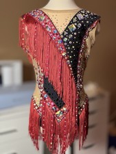 Sparkly Red And Black Rhythmic Gymnastics Leotard With Fringe 8-12 Years 
