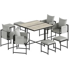 Nine-Piece Outdoor Dining Set – Steel Frame, Cushioned Chairs & Footstools