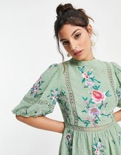 ASOS Sage Green Floral Cottagecore Babydoll dress Mini Dress SZ 8 Peasant