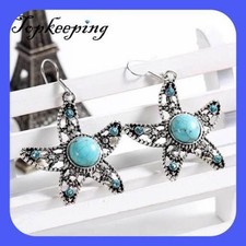 New Unique Ocean Beach Life Starfish Turquoise Rhinestone Earrings