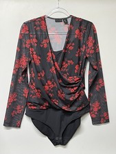 Tahari Women's Perfect Shape Black Red Rose Long Sleeves Lined Bodysuit Sz L