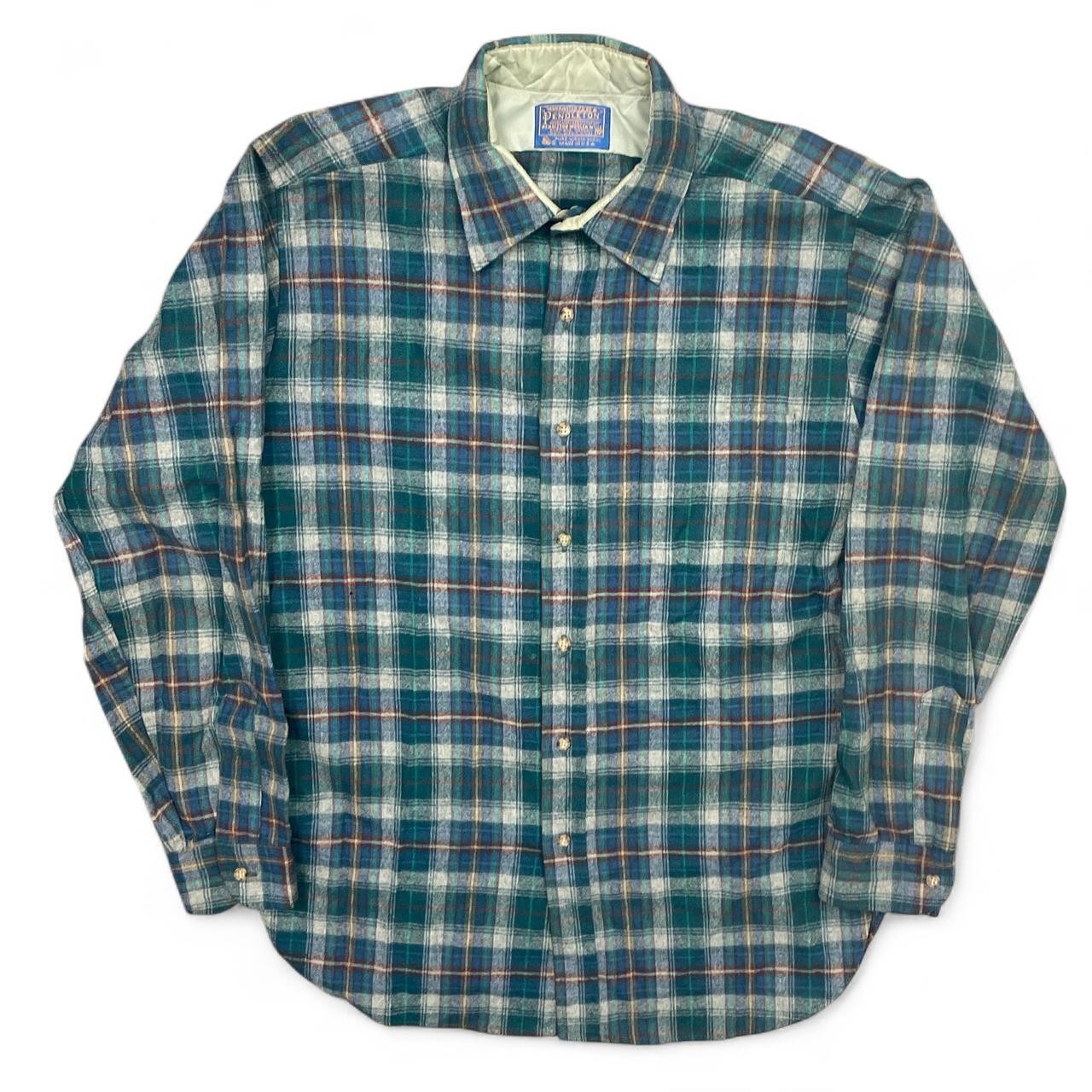 Vintage Pendleton Flannel Shirt Mens Medium 80s 90s Wool Green Blue Plaid USA