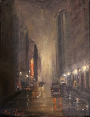 Rainy City Night, Tulsa, Oklahoma original oil painting  Margaret Aycock 11x14