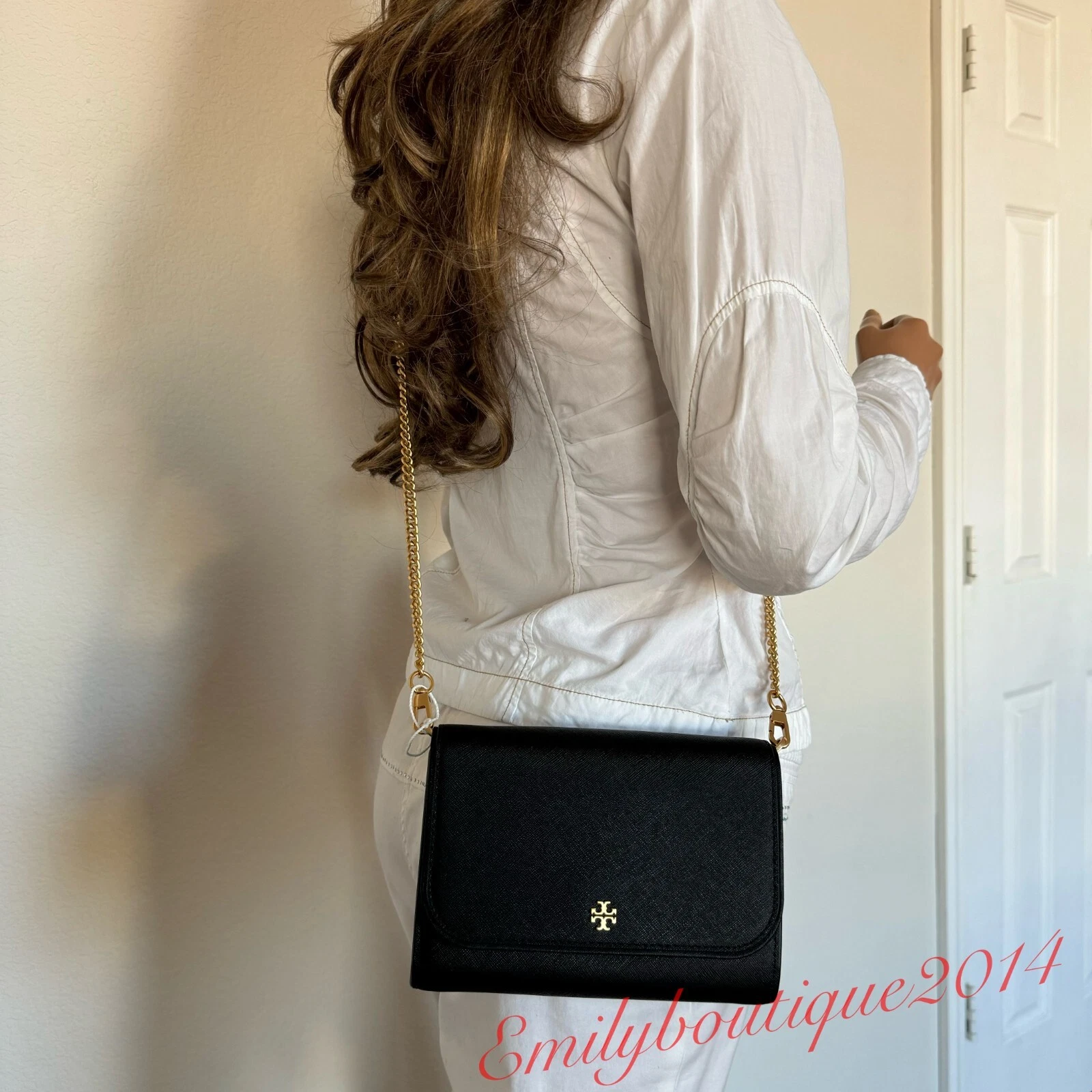 Portafoglio nuovo con etichette Tory Burch 136093 Emerson catena pelle saffiano borsa nera messenger