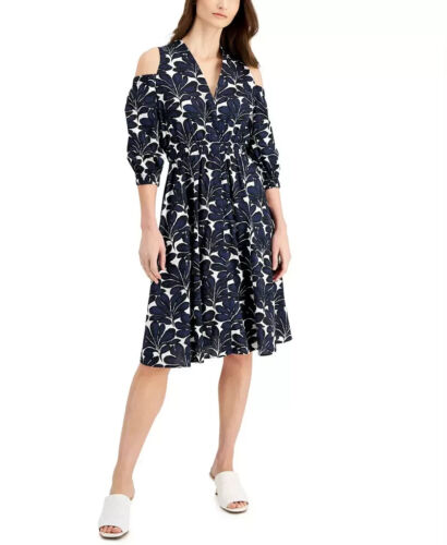 NWT DONNA KARAN Palm Print Cold-Shoulder Midi Dress Size 6 $350 - Picture 3 of 20