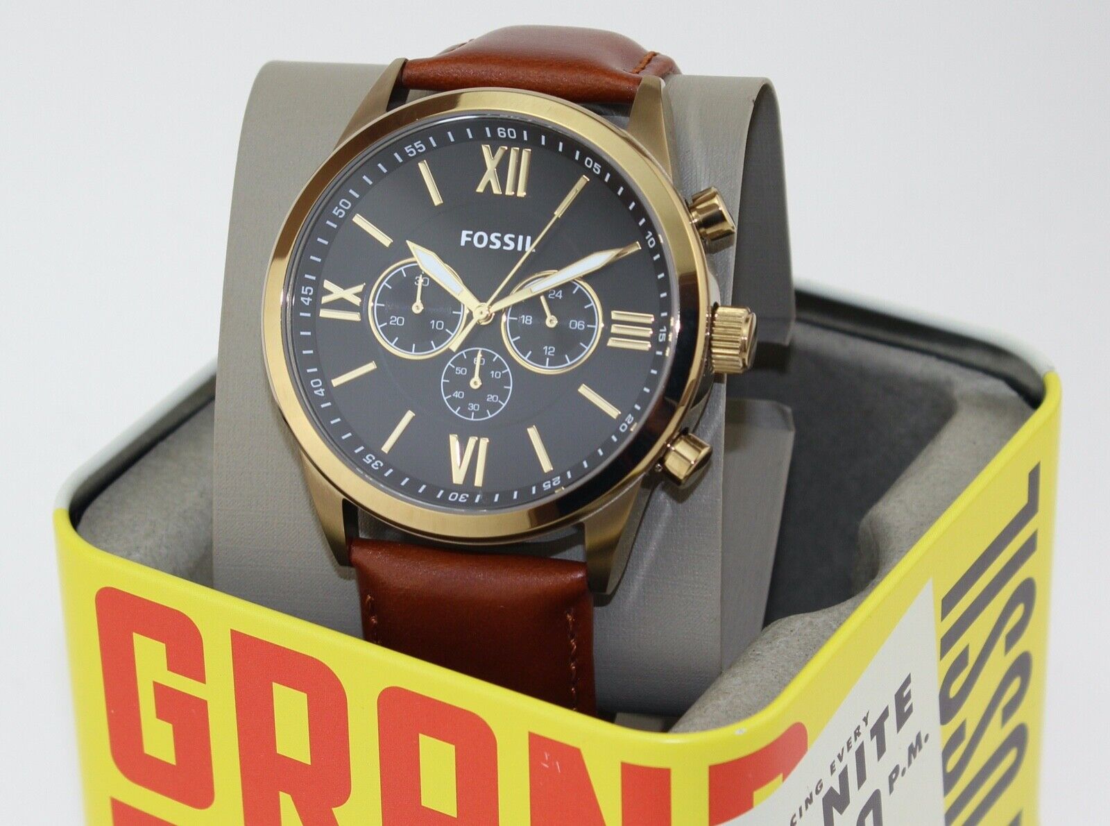 NEW AUTHENTIC FOSSIL FLYNN GOLD BLACK BROWN LEATHER CHRONOGRAPH BQ2261 MEN WATCH