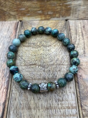 African Türkis Eule 8mm Armband Damen Herren Bracelet Perlenarmband