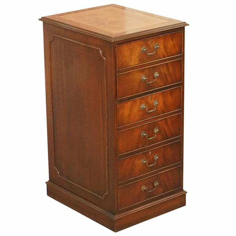 LOVELY FLAMED MAHOGANY LARGE THREE DRAWER FILING CABINET WITH BROWN LEATHER TOP