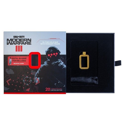 5g PAMP Call of Duty Modern Warfare III gold bar with rectangular pendant frame in black velvet box.