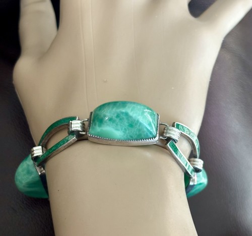 George Cahoone Art Deco Sterling Silver Guilloche & Peking Glass Bracelet - Picture 7 of 24