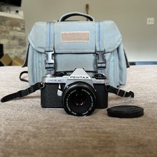 Pentax ME Super 35mm SLR Film Camera with 1:2 50mm lens Kit, VTG Case, And Strap