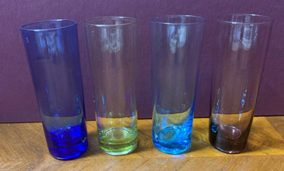 VINTAGE SET OF 4  CIRCLEWARE MULTI COLORED TALL SHOT GLASSES WITH THICK BOTTOMS
