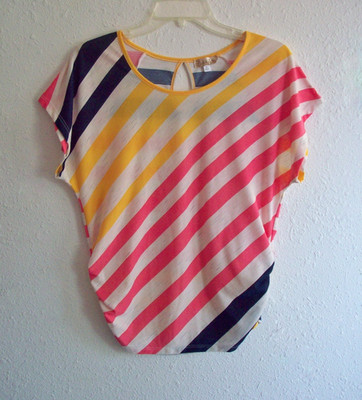 LAVISH Juniors Blouse Striped Multi-Color Dolman Sleeves Ruched Stretch M
