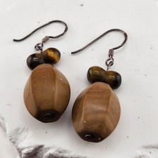 Tiger Eye Wood Bead Dangle Earrings 925 Sterling Silver Fishhook Boho Artisan