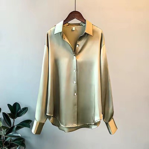Women’s Satin Silk Button Up Shirt Vintage Long Sleeve Loose White Blouse