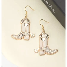 14k Gold Plated GOLD Western Boot Earrings Cowgirl Dangle Rhinestones Rodeo