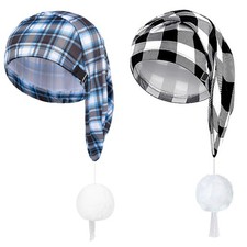 2Pack Unisex Plaid Pattern Night Sleeping Cap Hat wi/Pom Ball Tassel Christmas
