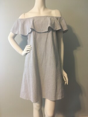 Eliza J Seersucker Off Shoulder W/ Pockets Size Cottage Core Preppy