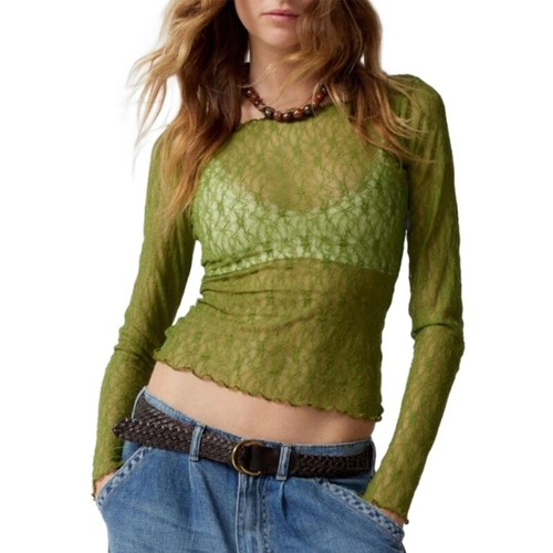 Mesh Top for Women See Through Floral Lace Crop Top Long Sleeve Sheer T-Shirt - Picture 23 of 32