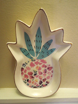 Ceramic Pineapple Shaped Jewelry Trinket Dish Tray Mosaic with Gold Rim