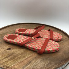 TORY BURCH Espadrille Slide Sandals Two Band Red Leather Gold Logo Womens Size 7