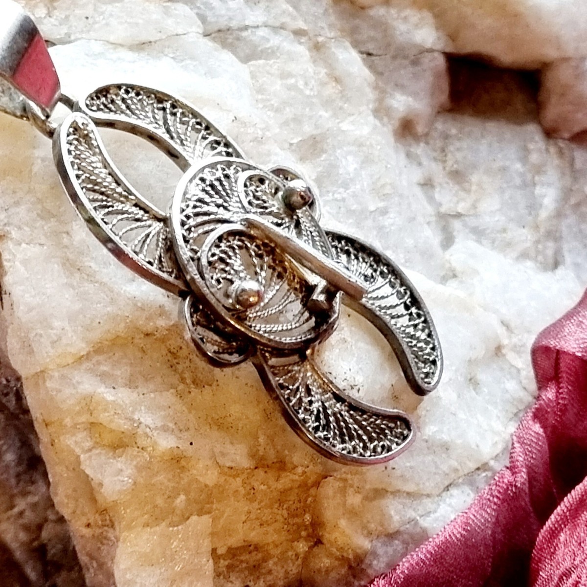 Pendentif Masque Africain En Argent 925 Filigrané - Vintage Artisanal - 43x28mm - Occasion