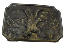VTG Belt Buckle Flying Duck Bird Mountain Cattail embossed metal art P 243 1