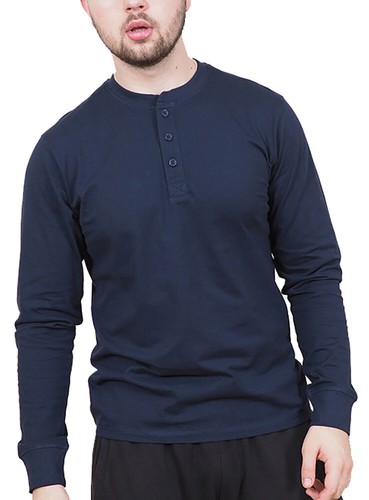 Mens Long Sleeve Cotton T-Shirt Regular Fit Crew Neck or Henley Top Lounge Work - Picture 44 of 72