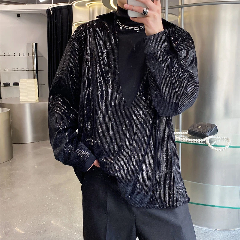 Camisa masculina de lantejoulas decote em V profunda boate manga comprida moda tops bar cantor nova - Imagem 2 de 4