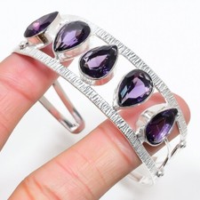 Purple Amethyst Gemstone 925 Sterling Silver Jewelry Cuff Bracelet Adjustable