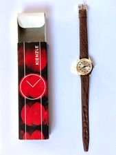 :: Kienzle, kleine Damenuhr, gold, mit braunem Lederarmband, ungetragen ::