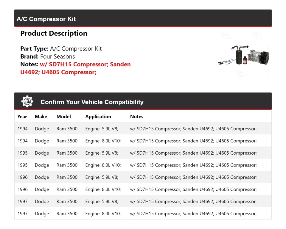 Kit de compresor de aire acondicionado para Dodge Ram 3500 1994-1997 4 estaciones 1995 1996 Foto 2 de 4