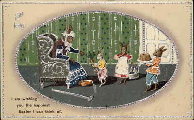 Easter Fantasy Grandmother Rabbit and Grandkids Vintage c1910 Postcard