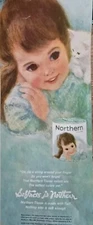 1962 Northern Bath bathroom toilet paper tissue Lil girl white kitten vintage ad