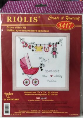 RIOLIS Cross Stitch Kit - It's a Girl Birth Record Baby Carriage #R1417 - New