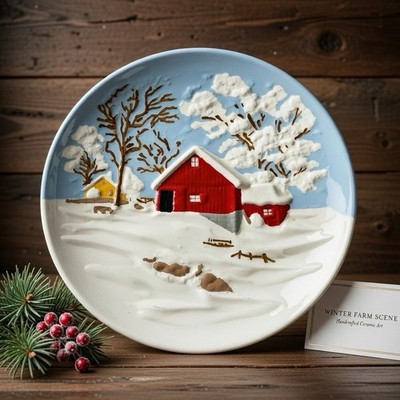 Vintage Byron Molds 3D Ceramic Wall Plate Snow Red Barn Handpainted 13.5'' EXC