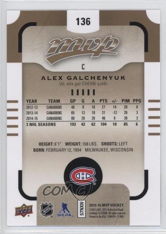 2015-16 Upper Deck MVP Short Print Alex Galchenyuk #136 - Image 2 of 2