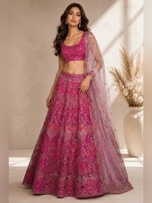 Rose Pink Net Sequins embroidered Flared Style Lehenga Choli - Size 10