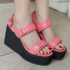 Women's Platform Wedge Heel Open Toe Buckle Sandal Rivet Studded Shoes 46/47/48