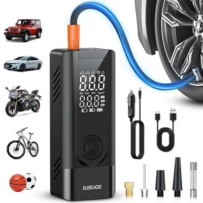 JUSUOX Tire Inflator Portable Air Compressor, Battery & 12V DC Dual Power Air