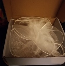 Pure Bright White Real Feather Wedding Birdcage Derby Hat Veil w/Headband