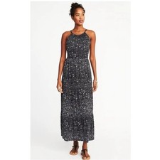 NWT Old Navy Ditsy Floral Print Halter A-Line Sleeveless Maxi Dress Black Small