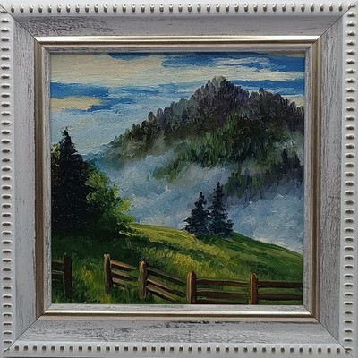 Original Miniature Mountain Landscape Oil Painting Misty Forest 4x4 Small Framed