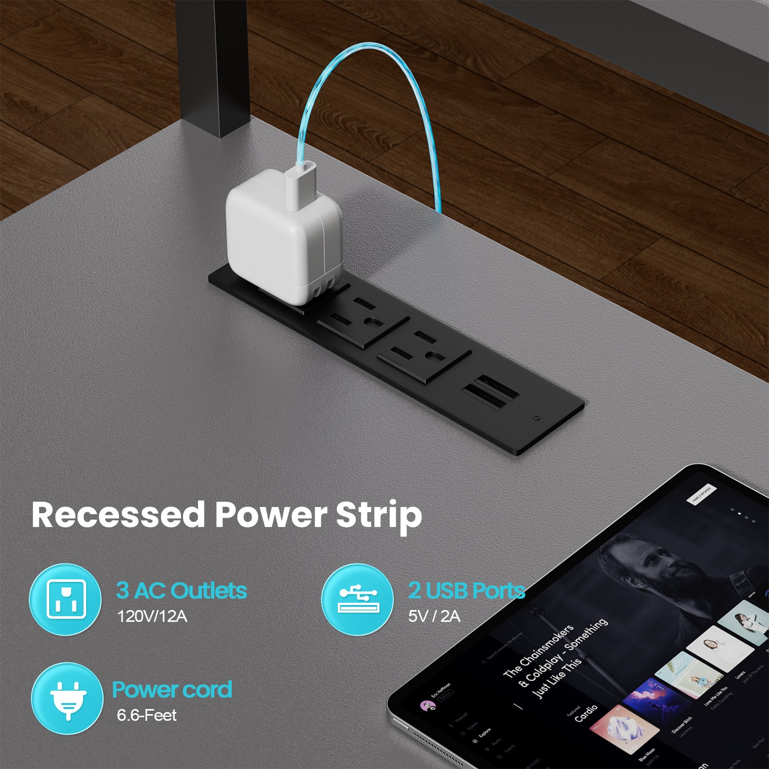 59 inch L Shaped Gaming Desk with LED light & Power Outlets, PC Desk with Drawer