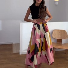 Zara PRINTED MIDI SKIRT ZW COLLECTION Pink, Yellow Black Geometric NWT M L XL